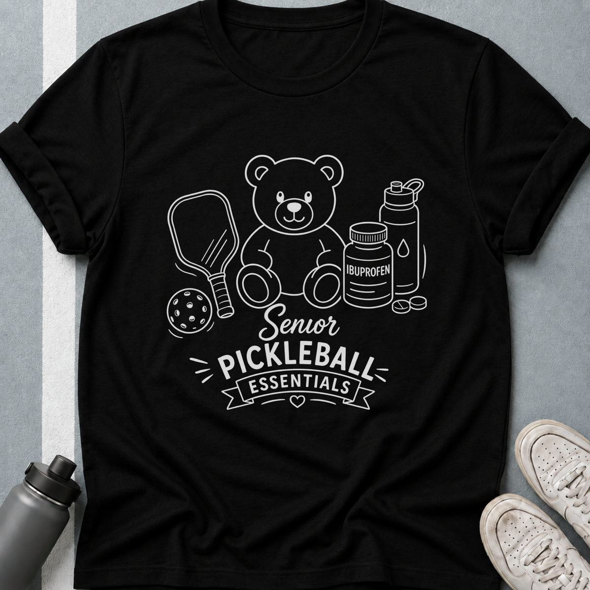Senior Pickleball Essentials Teddy Bear Dark T-Shirt